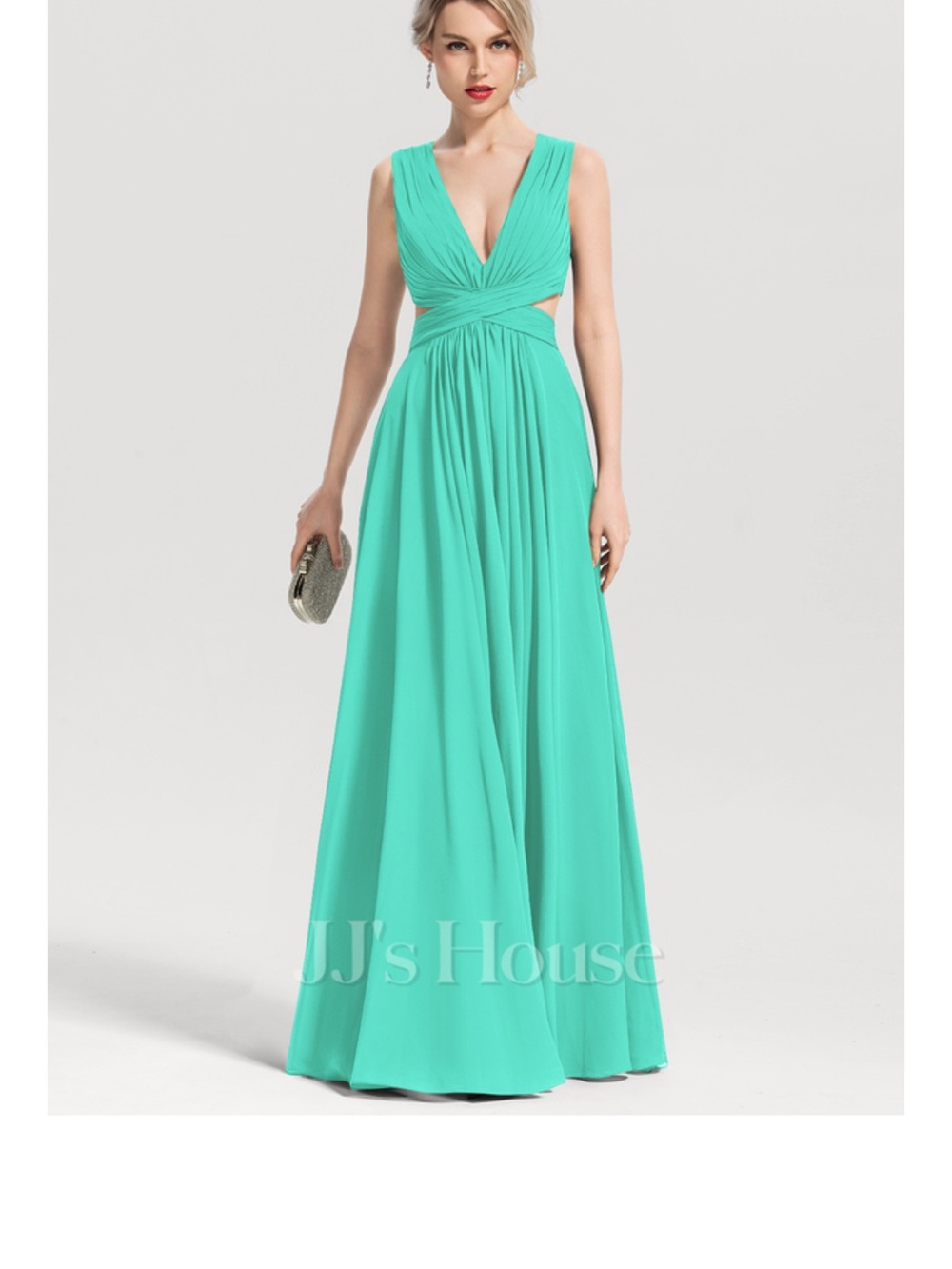 JJs House Mint Green Halter Pleated Chiffon Gown